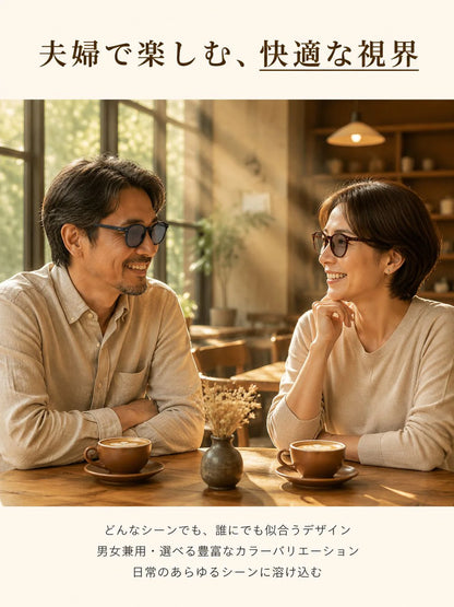 調光レンズラウンドフレーム老眼鏡
