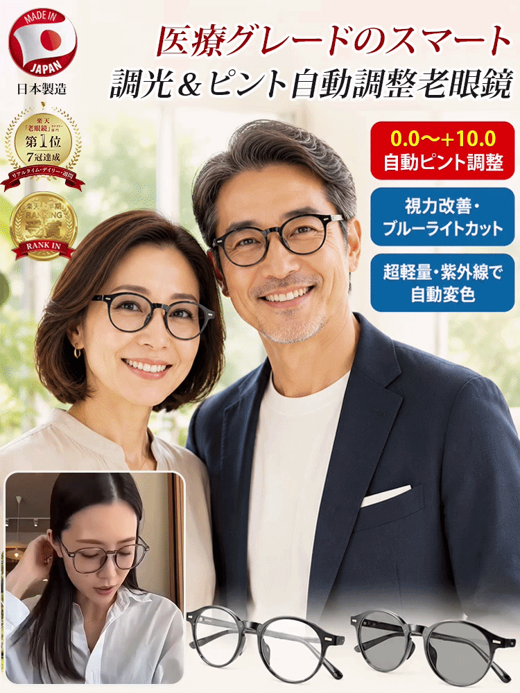 調光レンズラウンドフレーム老眼鏡