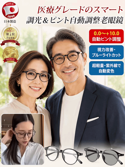 調光レンズラウンドフレーム老眼鏡
