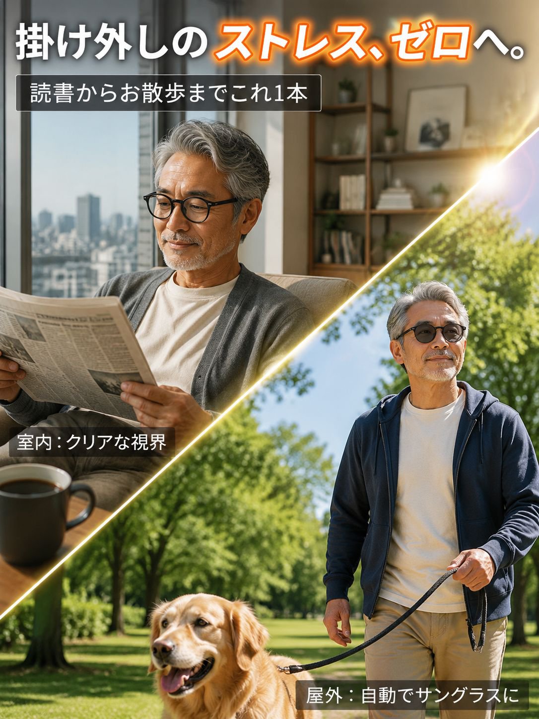 調光レンズラウンドフレーム老眼鏡